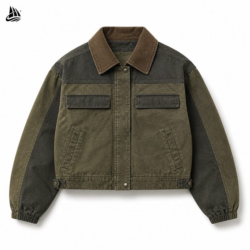 Custom Olive Contrast Button-Front Utility Jacket Wholesale wholesale