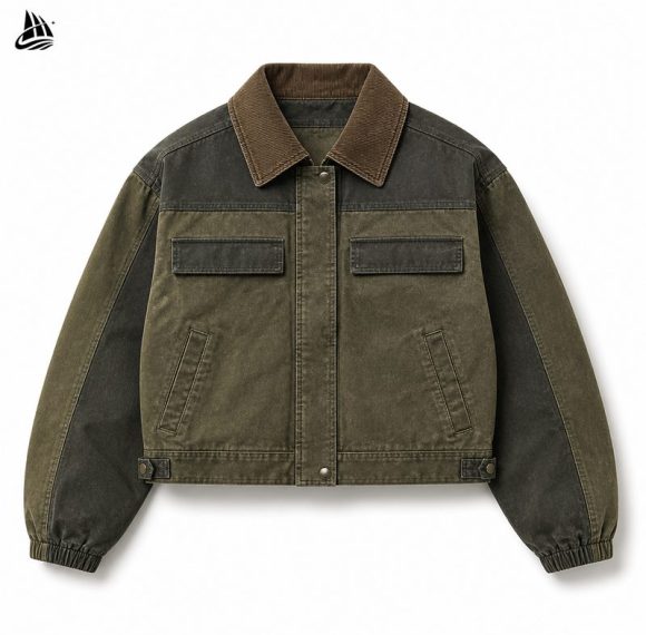 Custom Olive Contrast Button-Front Utility Jacket Wholesale