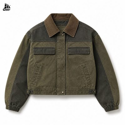 Custom Olive Contrast Button-Front Utility Jacket Wholesale