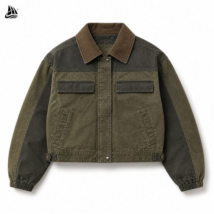 Custom Olive Contrast Button-Front Utility Jacket Wholesale