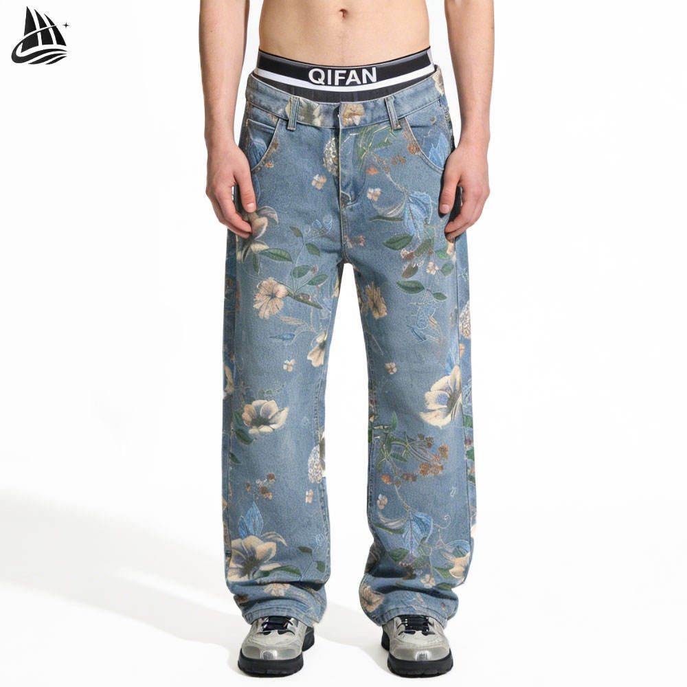 Custom Floral Print Wide-Leg Jeans Wholesale wholesale