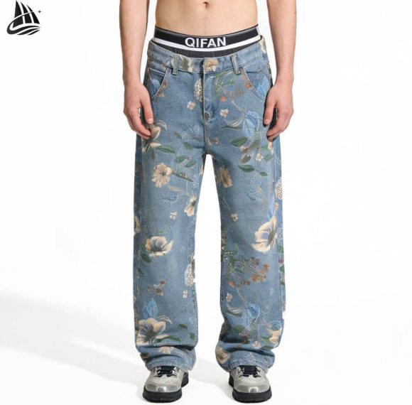 Custom Floral Print Wide-Leg Jeans Wholesale
