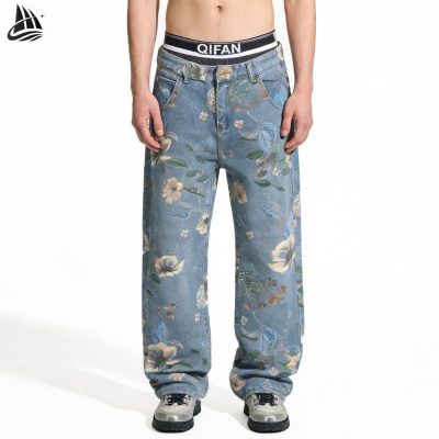 Custom Floral Print Wide-Leg Jeans Wholesale
