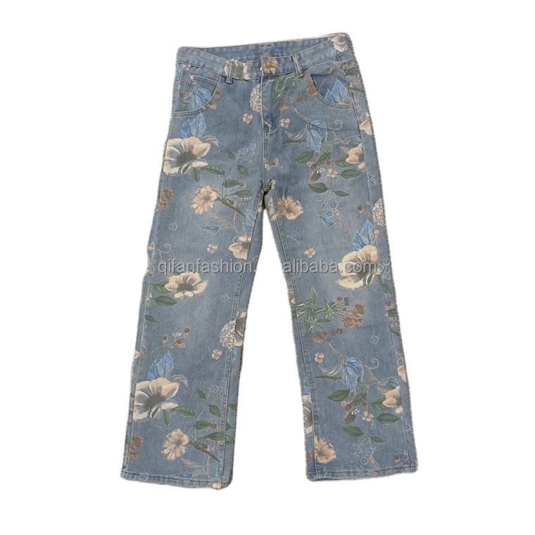 Custom Floral Print Wide-Leg Jeans Wholesale wholesale