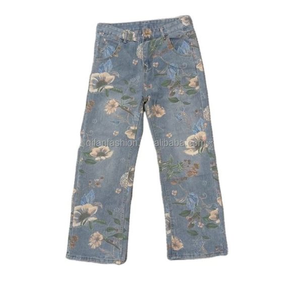 Custom Floral Print Wide-Leg Jeans Wholesale