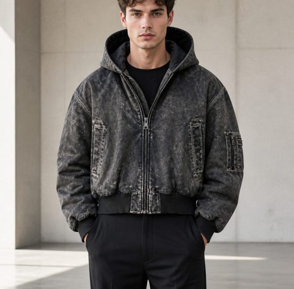 Custom Acid Wash Hooded Bomber Jacket Wholesale