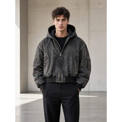 Custom Acid Wash Hooded Bomber Jacket Wholesale