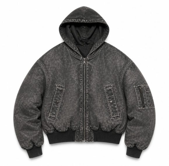 Custom Acid Wash Hooded Bomber Jacket Wholesale