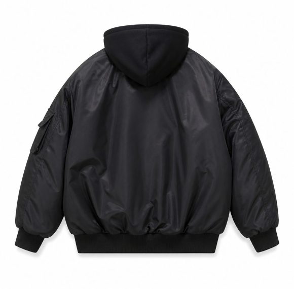 Custom Black Detachable Hood Bomber Jacket Wholesale
