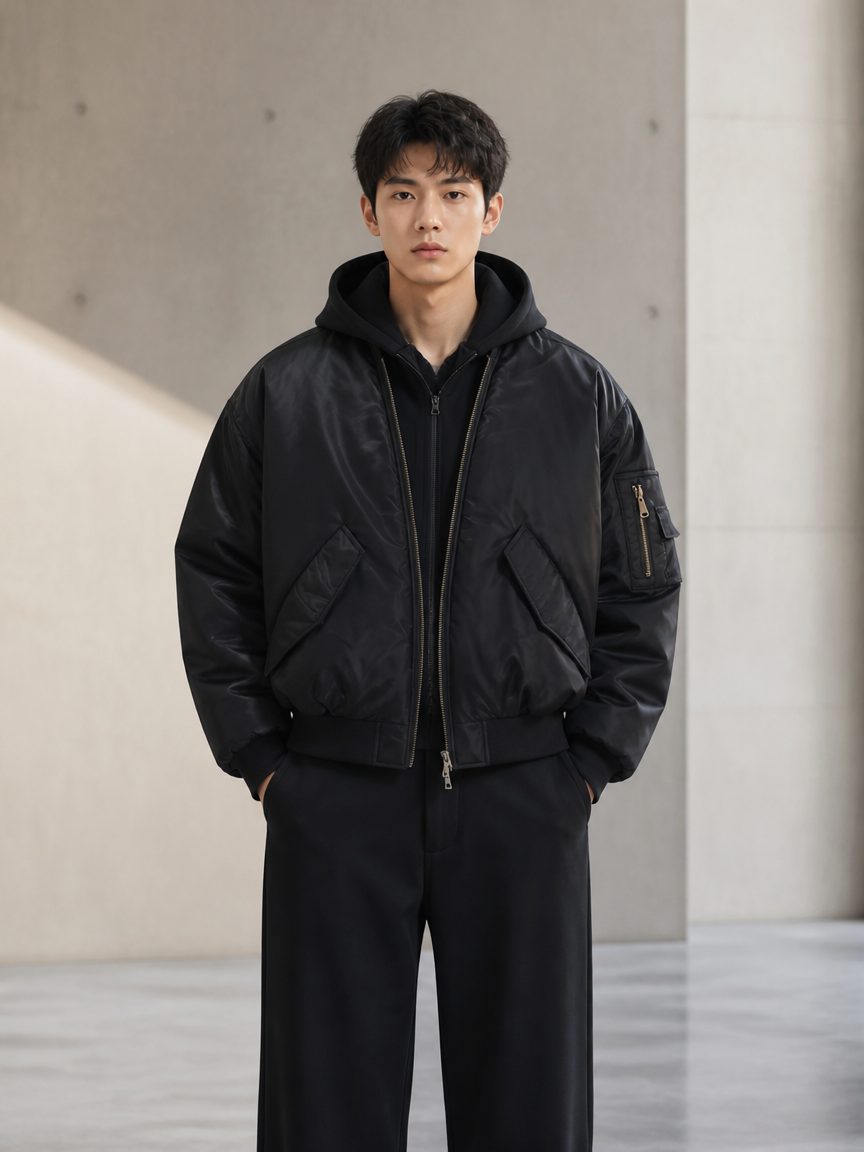 Custom Black Detachable Hood Bomber Jacket Wholesale wholesale