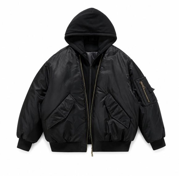 Custom Black Detachable Hood Bomber Jacket Wholesale