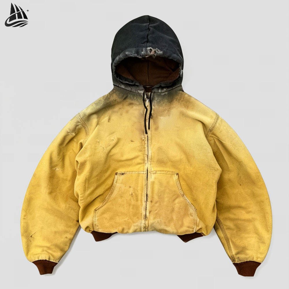 Custom Washed Yellow Hooded Utility Jacket Wholesale wholesale