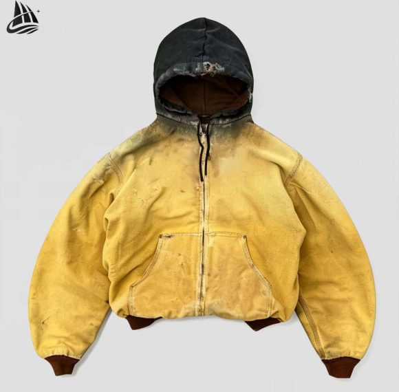 Custom Washed Yellow Hooded Utility Jacket Wholesale