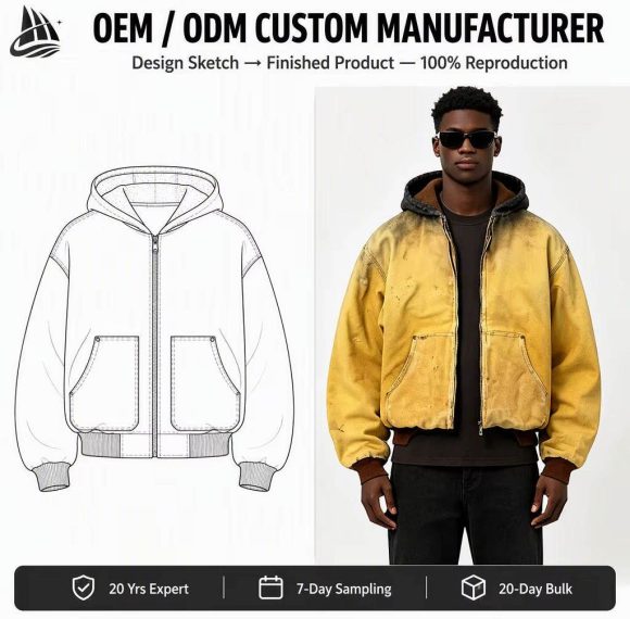 Custom Washed Yellow Hooded Utility Jacket Wholesale