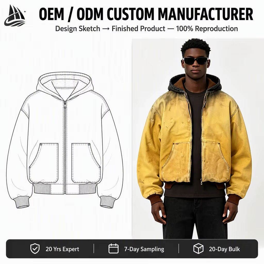 Custom Washed Yellow Hooded Utility Jacket Wholesale wholesale
