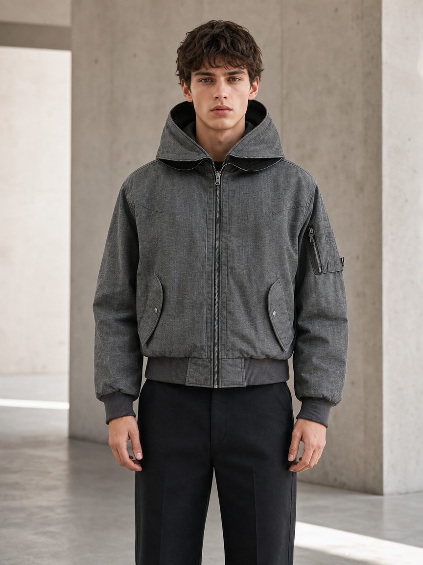 Custom Grey Hooded Bomber Jacket with Back Panel Wholesale wholesale