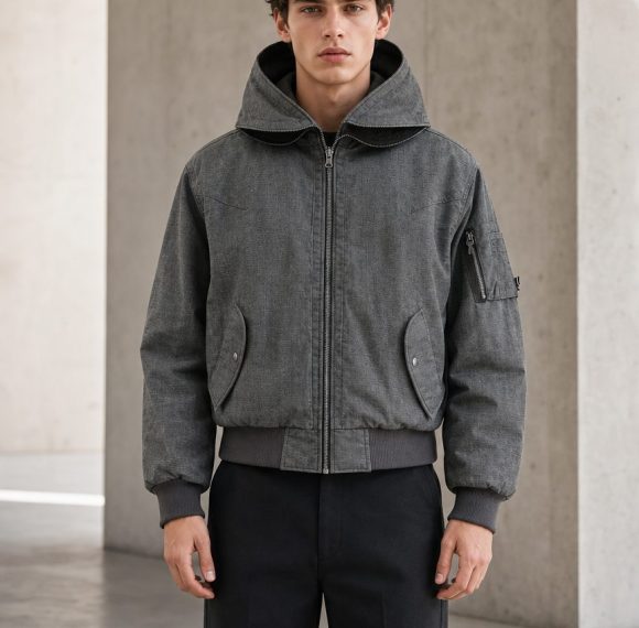 Custom Grey Hooded Bomber Jacket with Back Panel Wholesale