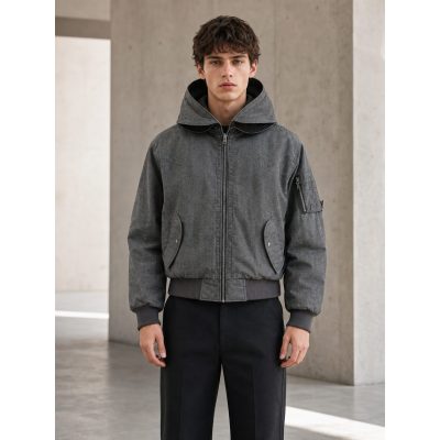 Custom Grey Hooded Bomber Jacket with Back Panel Wholesale
