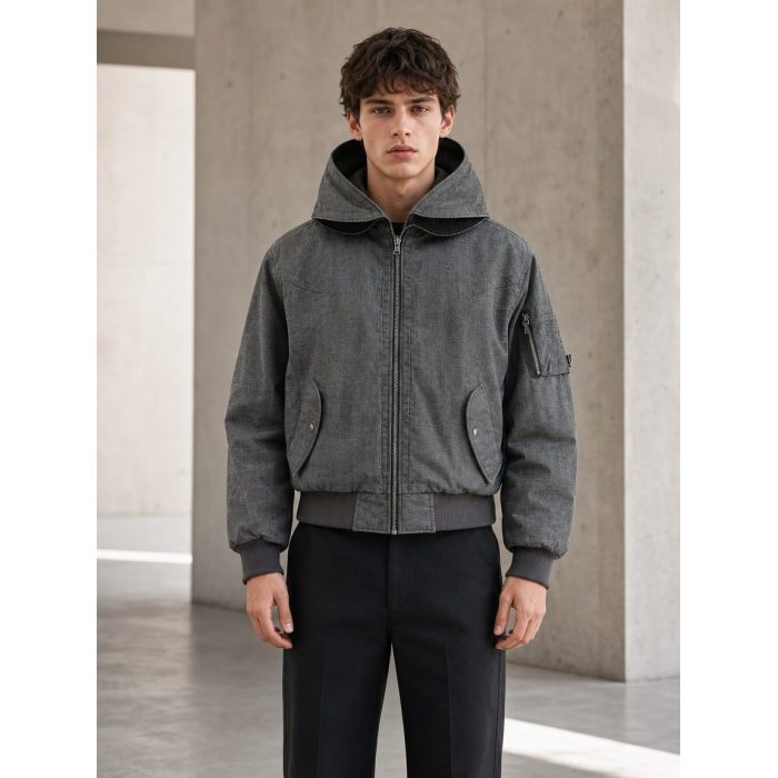 Custom Grey Hooded Bomber Jacket with Back Panel Wholesale