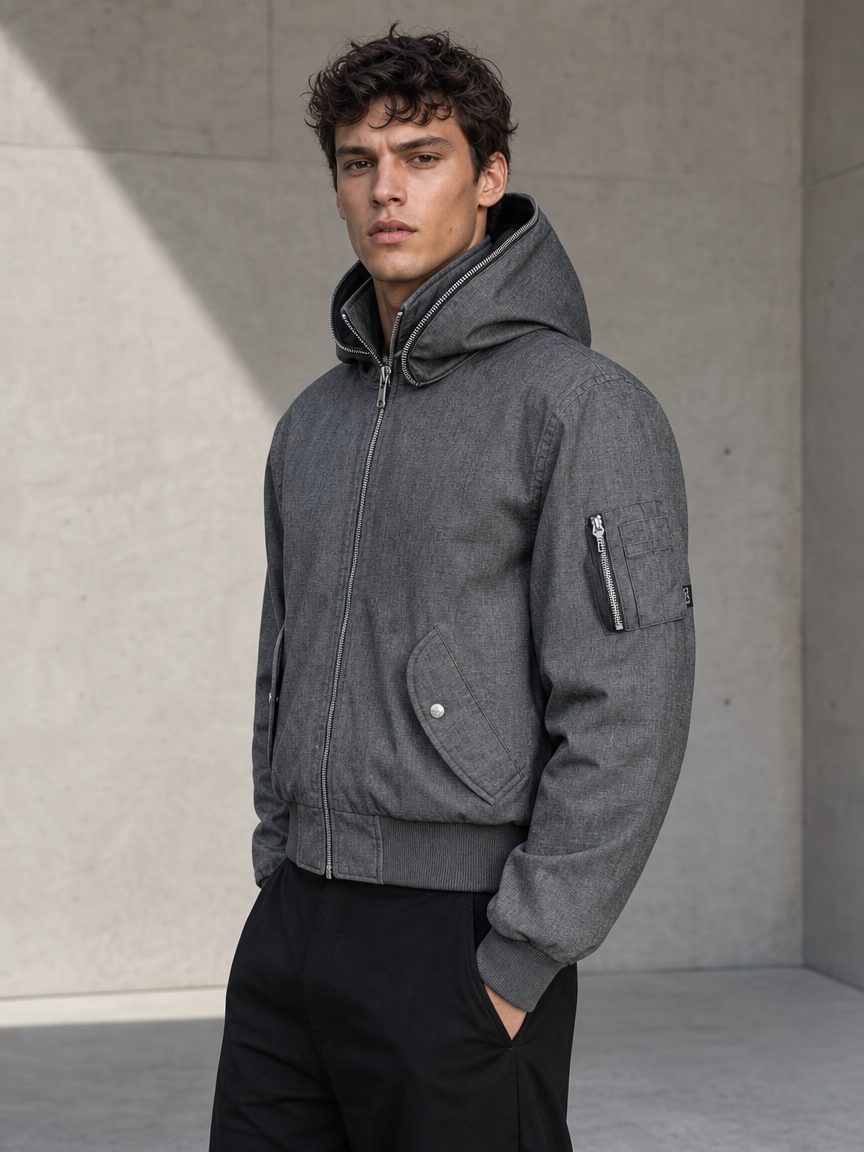 Custom Grey Hooded Bomber Jacket with Back Panel Wholesale wholesale