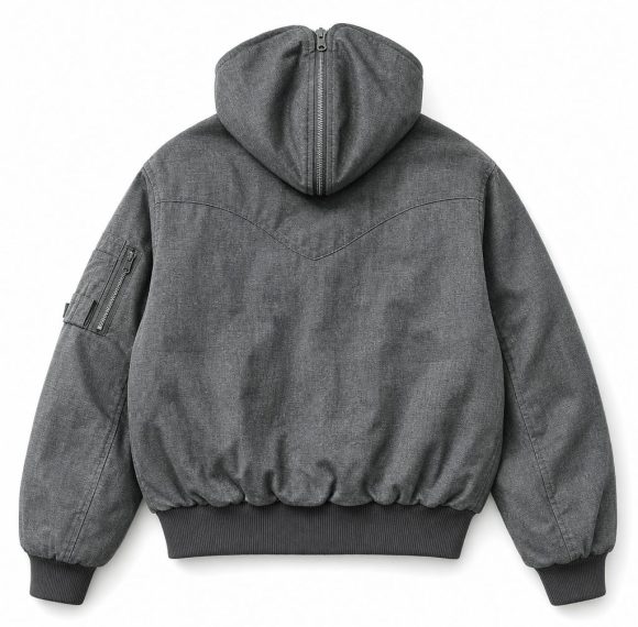 Custom Grey Hooded Bomber Jacket with Back Panel Wholesale