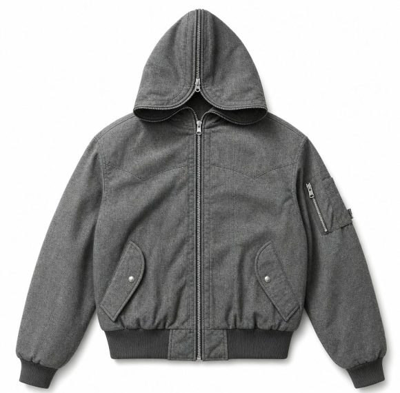 Custom Grey Hooded Bomber Jacket with Back Panel Wholesale