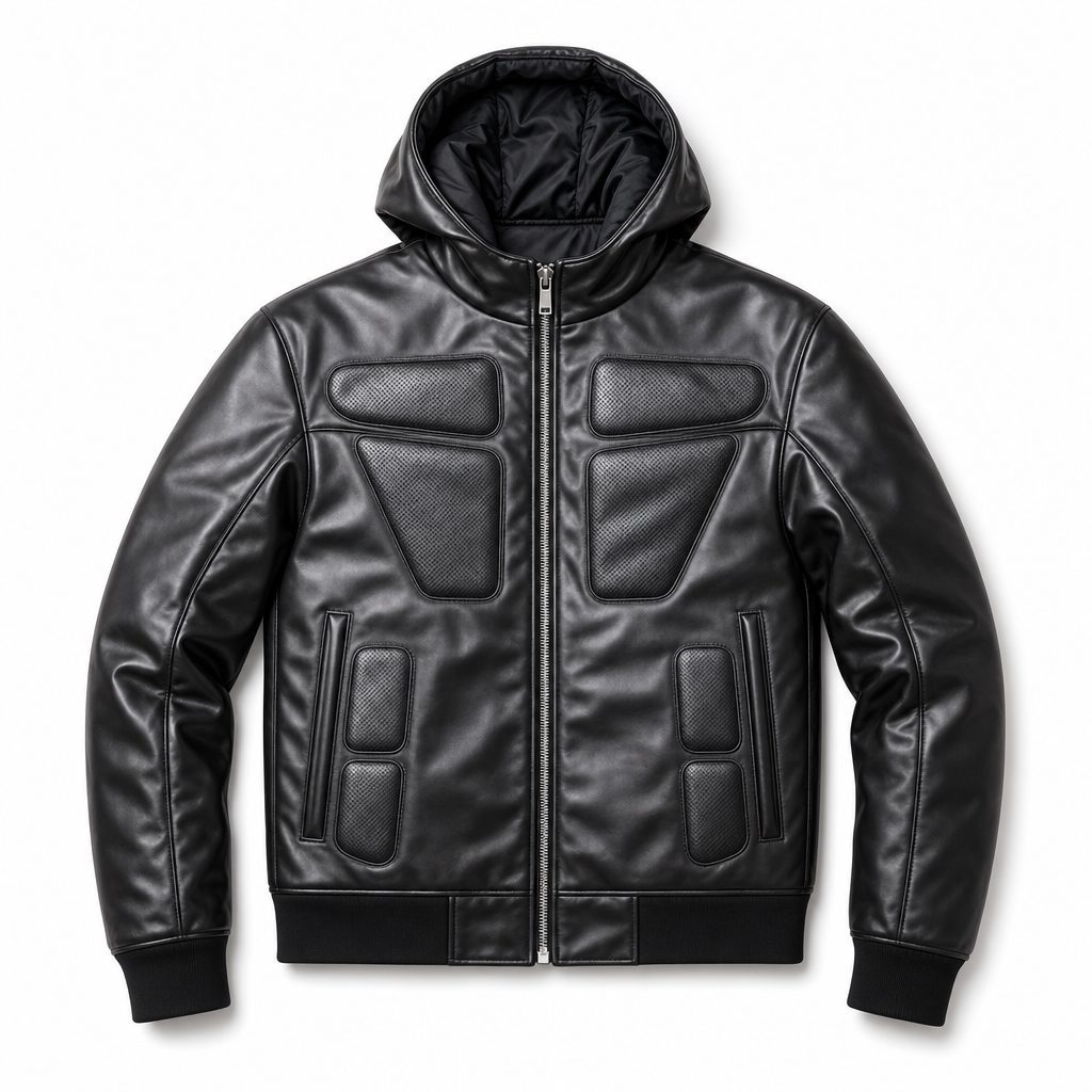 Custom Black Hooded PU Leather Jacket with Panel Detail Wholesale wholesale
