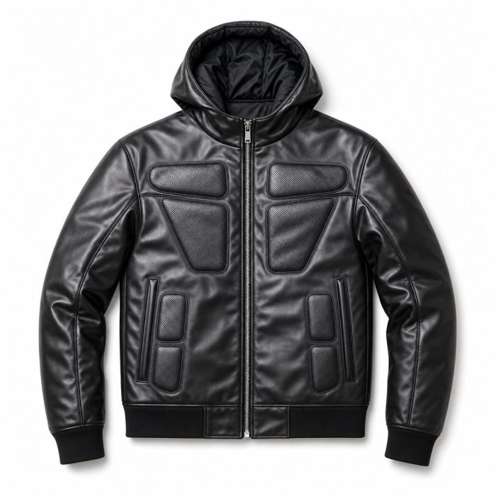 Custom Black Hooded PU Leather Jacket with Panel Detail Wholesale