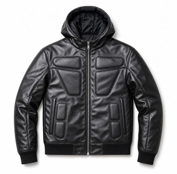 Custom Black Hooded PU Leather Jacket with Panel Detail Wholesale