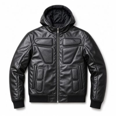 Custom Black Hooded PU Leather Jacket with Panel Detail Wholesale