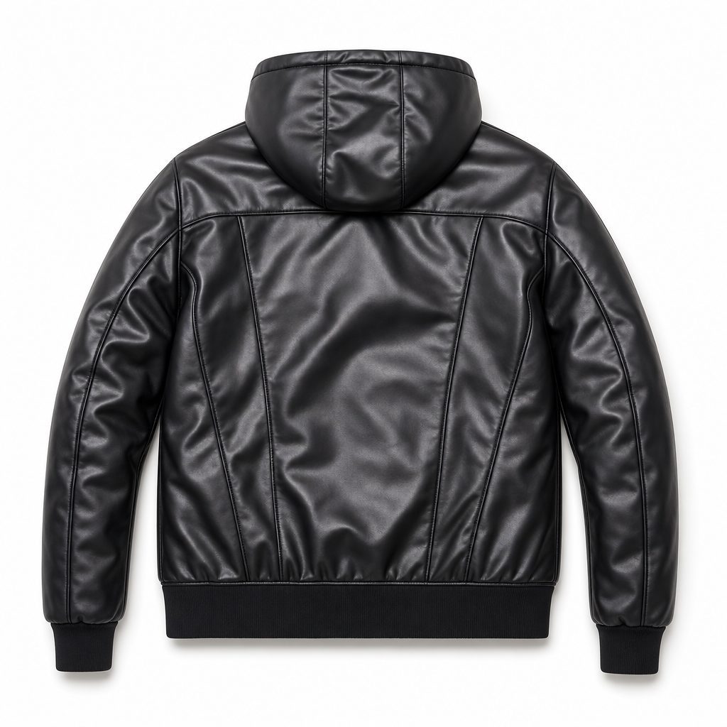 Custom Black Hooded PU Leather Jacket with Panel Detail Wholesale wholesale