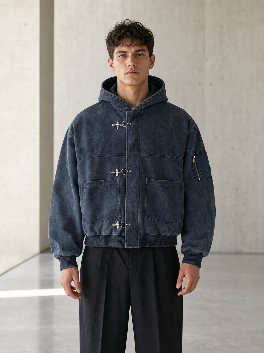 Custom Brushed Denim Hooded Jacket with Horn Buttons Wholesale wholesale