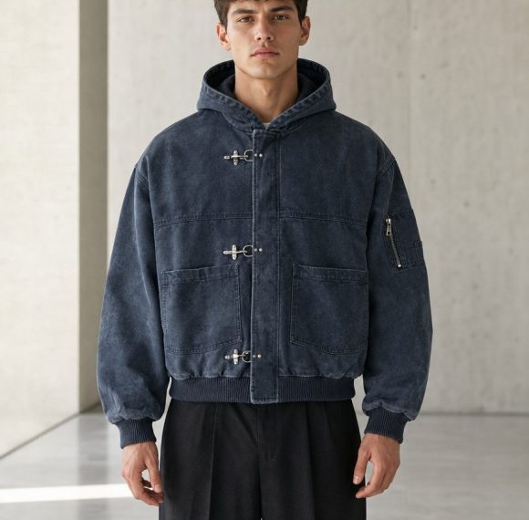 Custom Brushed Denim Hooded Jacket with Horn Buttons Wholesale