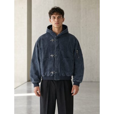 Custom Brushed Denim Hooded Jacket with Horn Buttons Wholesale