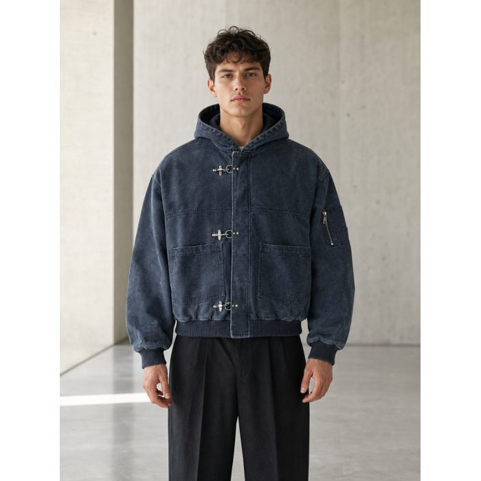 Custom Brushed Denim Hooded Jacket with Horn Buttons Wholesale