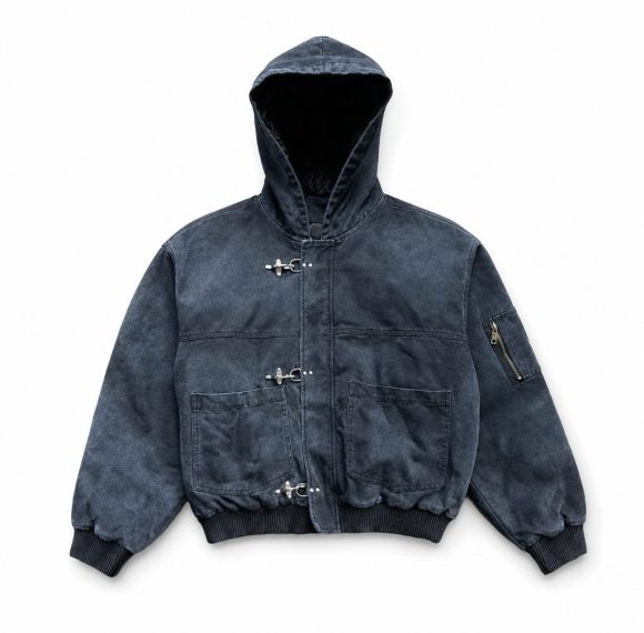 Custom Brushed Denim Hooded Jacket with Horn Buttons Wholesale