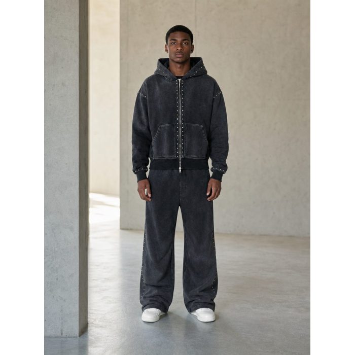 Custom Washed Studded Hooded Zip Jacket Wholesale