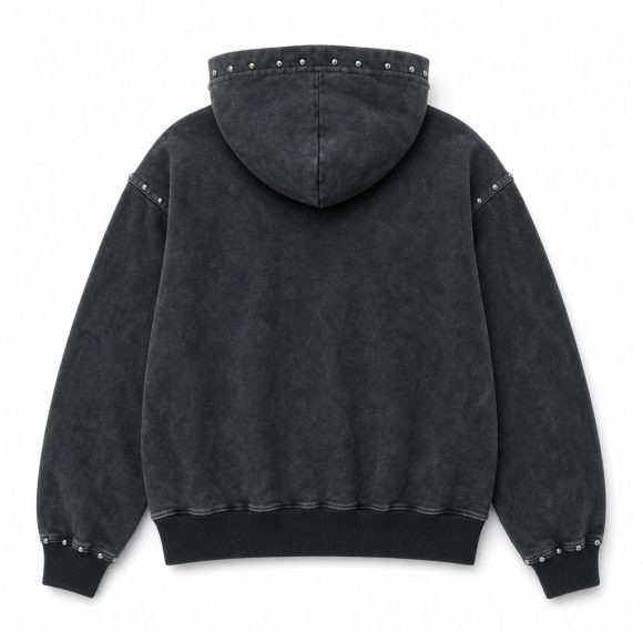 Custom Washed Studded Hooded Zip Jacket Wholesale