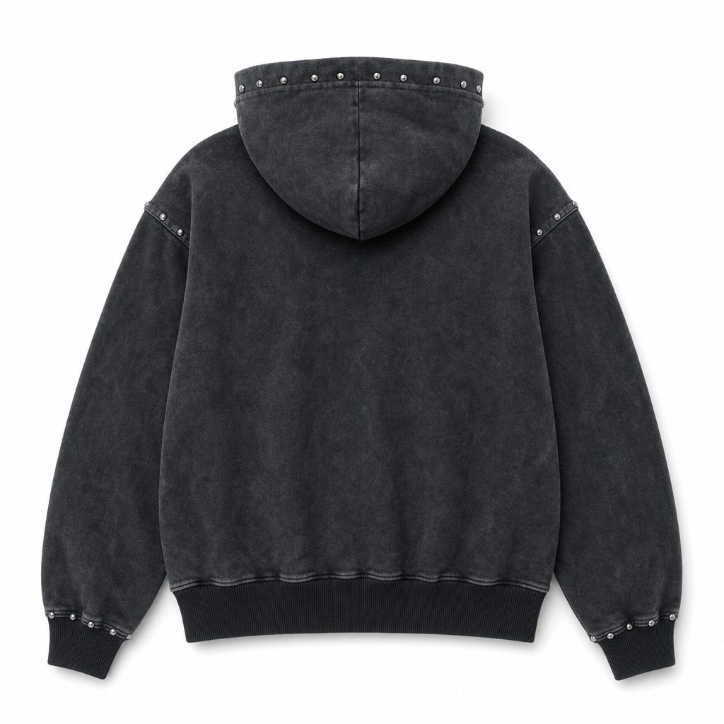 Custom Washed Studded Hooded Zip Jacket Wholesale wholesale