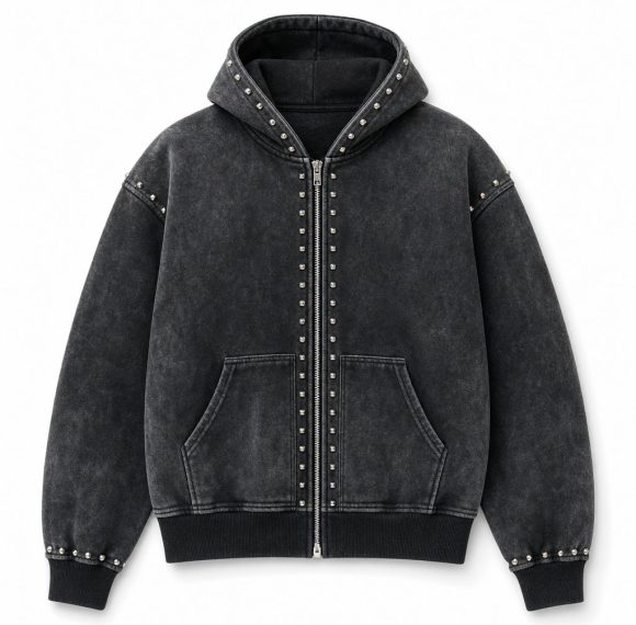 Custom Washed Studded Hooded Zip Jacket Wholesale