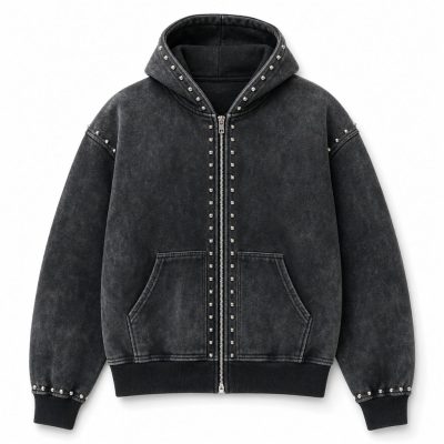 Custom Washed Studded Hooded Zip Jacket Wholesale