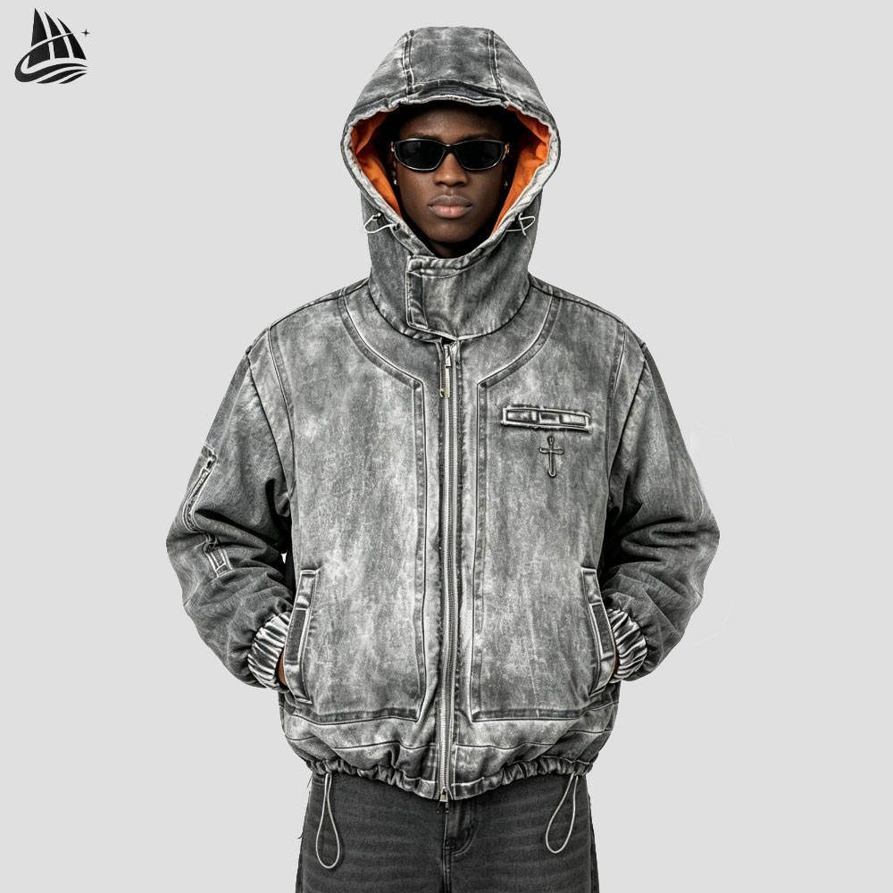 Custom Acid Wash Hooded Denim Jacket with Contrast Hood Lining Wholesale wholesale