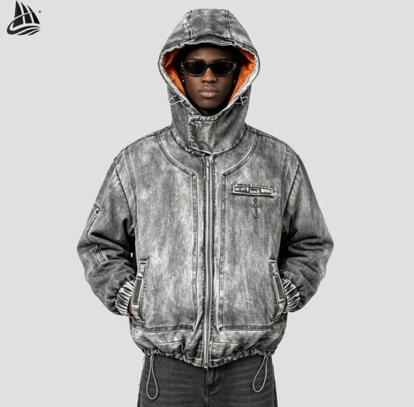 Custom Acid Wash Hooded Denim Jacket with Contrast Hood Lining Wholesale