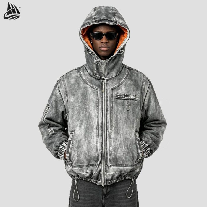 Custom Acid Wash Hooded Denim Jacket with Contrast Hood Lining Wholesale