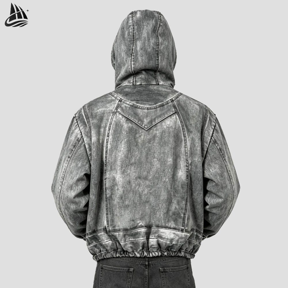 Custom Acid Wash Hooded Denim Jacket with Contrast Hood Lining Wholesale wholesale