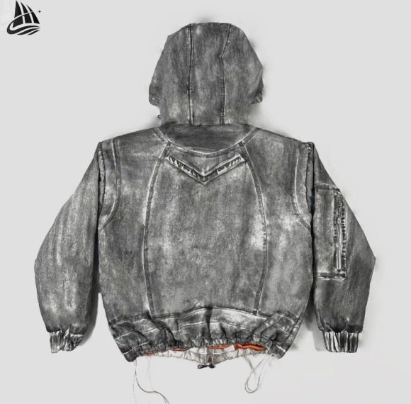 Custom Acid Wash Hooded Denim Jacket with Contrast Hood Lining Wholesale