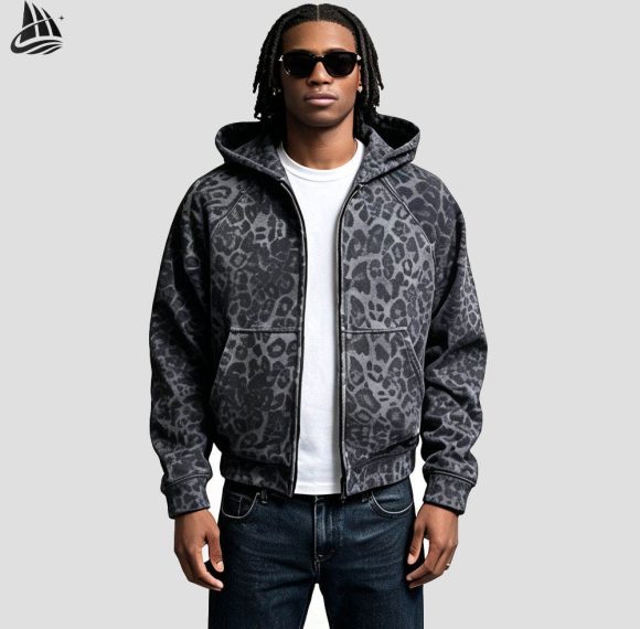 Custom Leopard Print Zip-Up Hoodie Wholesale