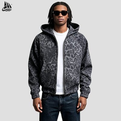 Custom Leopard Print Zip-Up Hoodie Wholesale