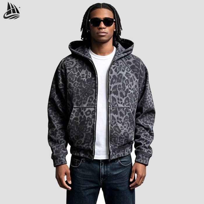 Custom Leopard Print Zip-Up Hoodie Wholesale