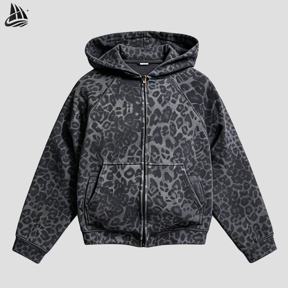 Custom Leopard Print Zip-Up Hoodie from the INFULLSAIL streetwear range